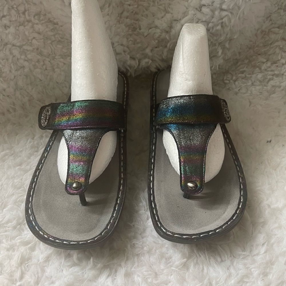 Alegria iridescent rainbow leather thong sandals side rhinestones brooch…